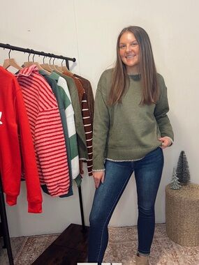 Cozy Olive Crewneck Sweater - Women's Knit Pullover